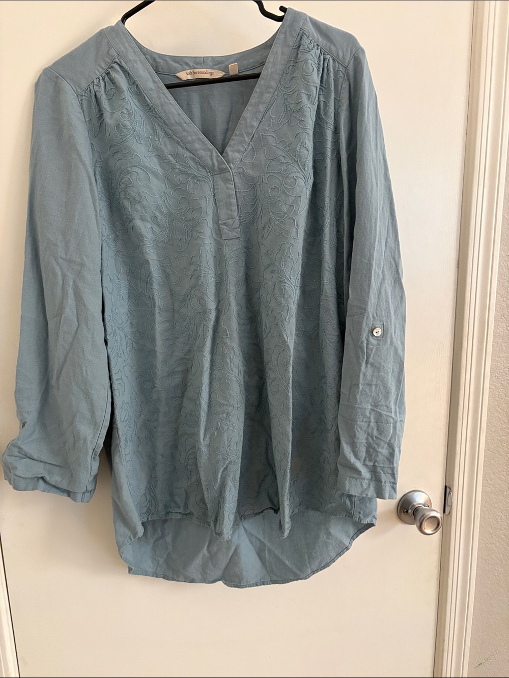 Soft Surroundings Dusty Blue Embroidered Boho Cottagecore V-Neck Tunic Size